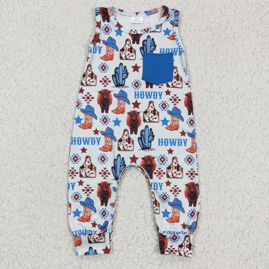SR0115 Blue Brown Howdy Highland Cow Boots Cowboy Western Cactus Pocket Boys Short Sleeve Romper