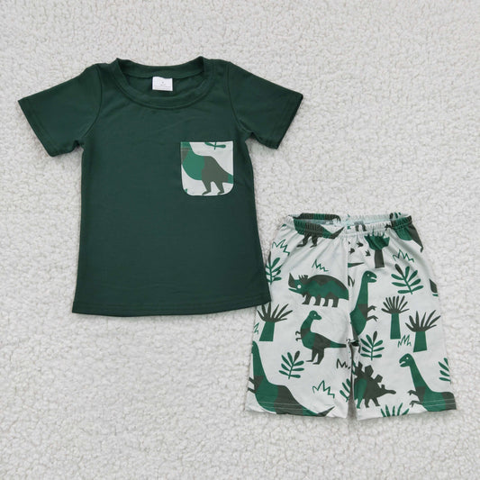 BSSO0116 Green Plaid Dinosaur Boys Short Sleeve Shorts Outfits