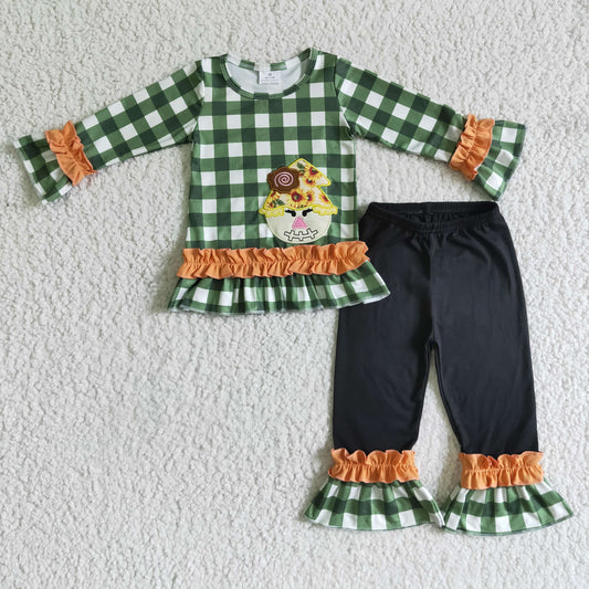 GLP0129 Green Plaid Scarecrow Sunflower Embroidery Girls Long Sleeve Pants Outfits