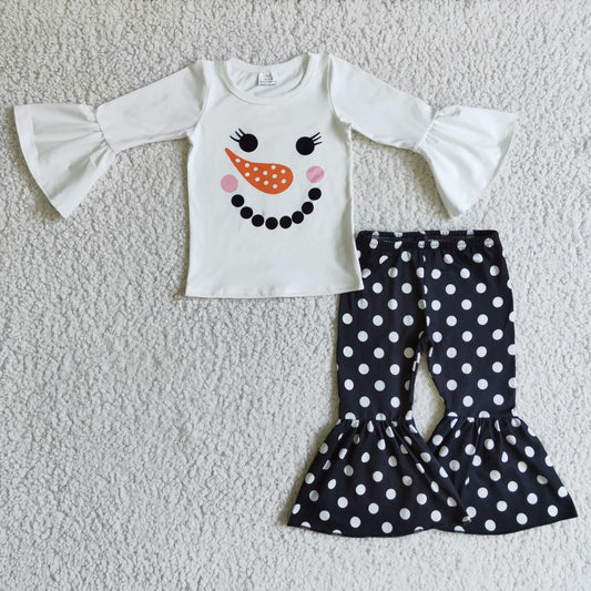 GLP0304 Winter Snowman Black White Girls Long Sleeve Bell Bottom Pants Outfits