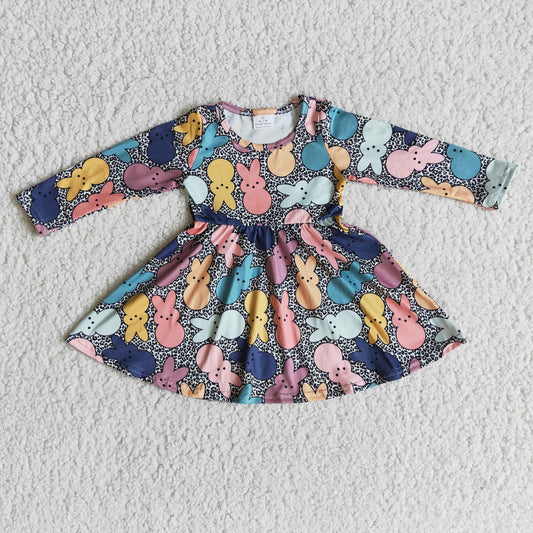 6 A28-20 Easter Rabbits Print  Girls Long Sleeve Dresses