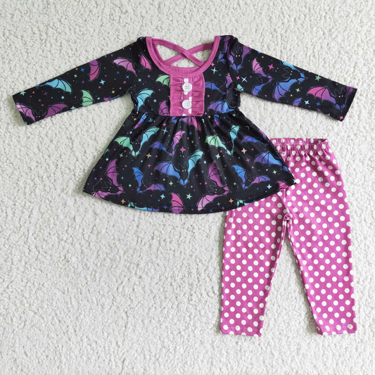 GLP0042 Halloween Purple Dots Bat Tunic Girls Long Sleeve Pants Outfits