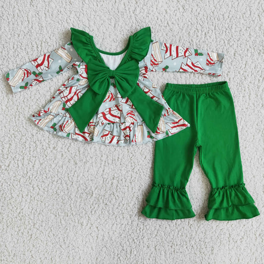 Clearance 6 A0-12 Christmas Cake Green With Bow Tunic Girls Long Sleeve Pants Outfits
