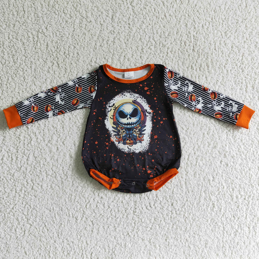 LR0144 Halloween Orange Black Skull Ghost Cartoon Girls Long Sleeve Romper