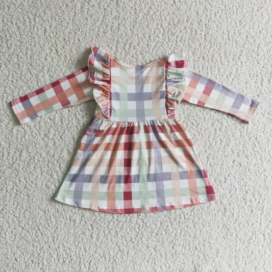 GLD0117 Christmas Red Pink Plaid Girls Long Sleeve Dresses