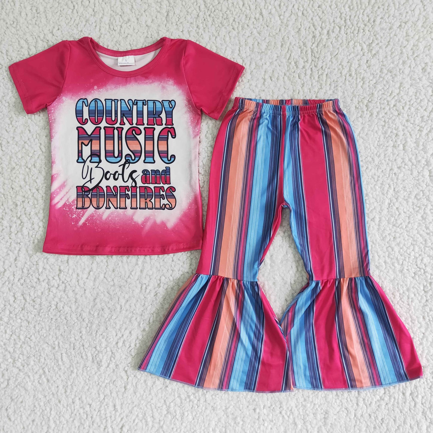 GSPO0008 Country Music Hot Pink Striped Girls Short Sleeve Pants Outfits