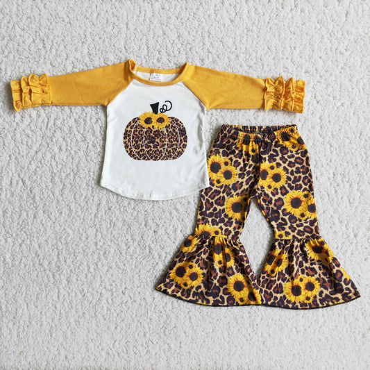 Promotion RTS 6 A15-28 Halloween Sunflower Leopard Print Pumpkin Girls Long Sleeve Bell Bottom Pants Outfits