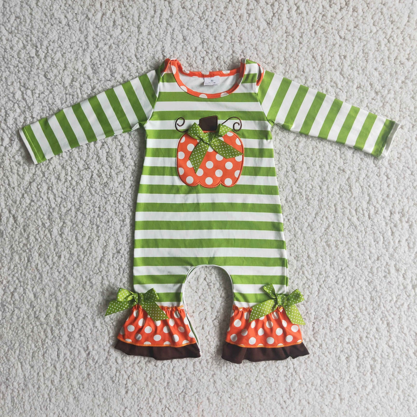 6 A10-26 Halloween Pumpkin Orange Green Stripes Embroidery Girls Long Sleeve Romper