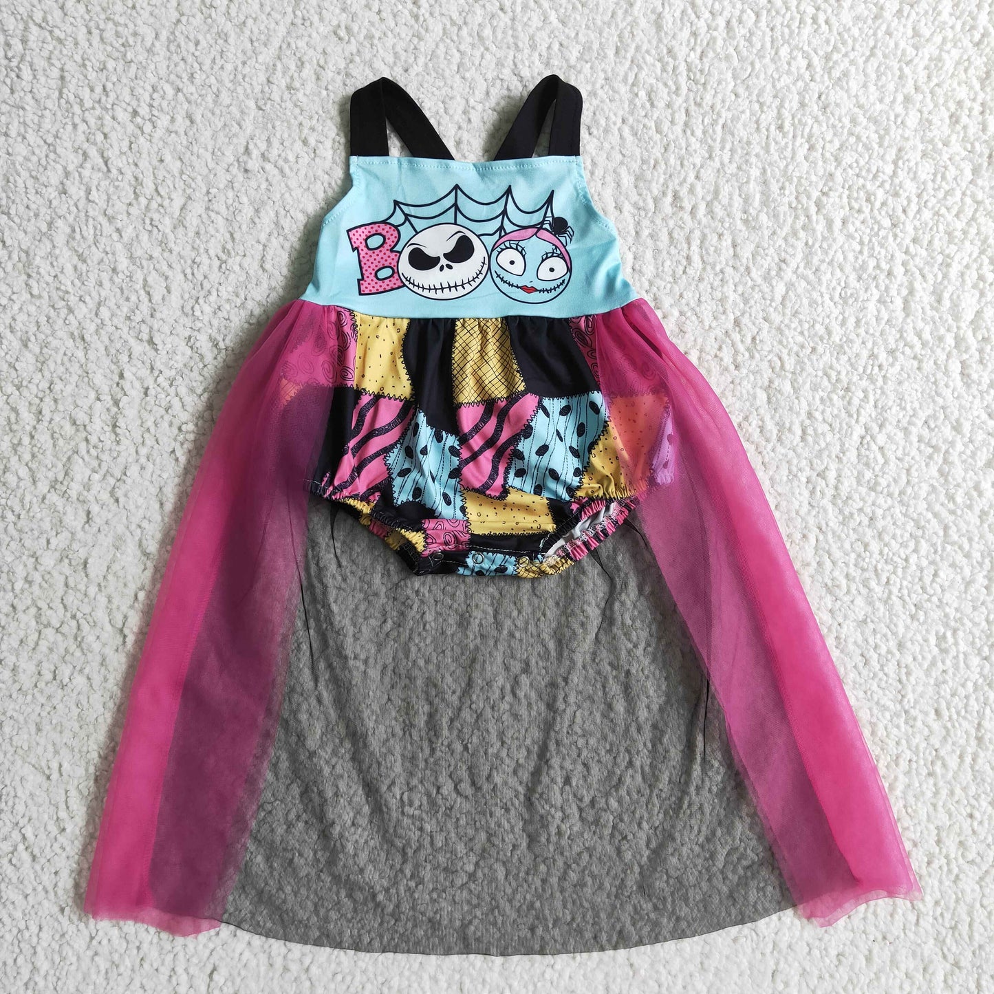 SR0084 Halloween Blue Pink Cartoon Tulle Tutu Skirt Girls Short Sleeve Dresses Bummies