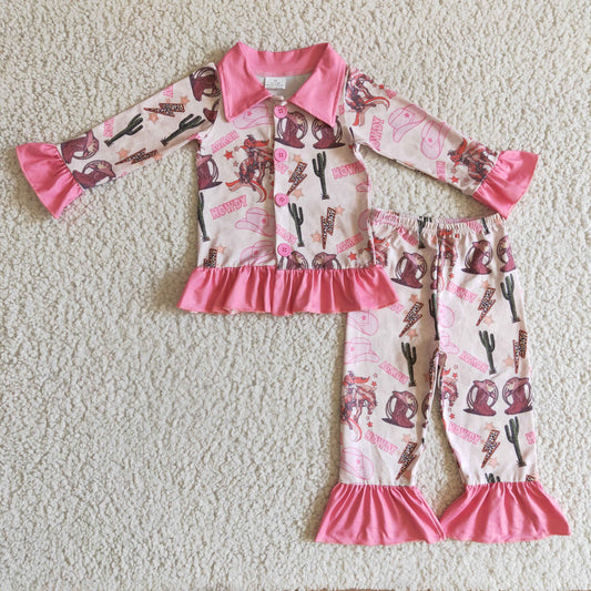 GLP0279 Pink Howdy Cactus Hat Boots Cowboy Western Collar Girls Long Sleeve Pants Outfits Pajamas