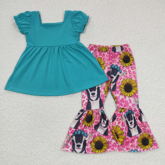 GSPO0345 Blue Sunflower Pink Leopard Cow Girls Short Sleeve Bell Bottom Pants Outfits