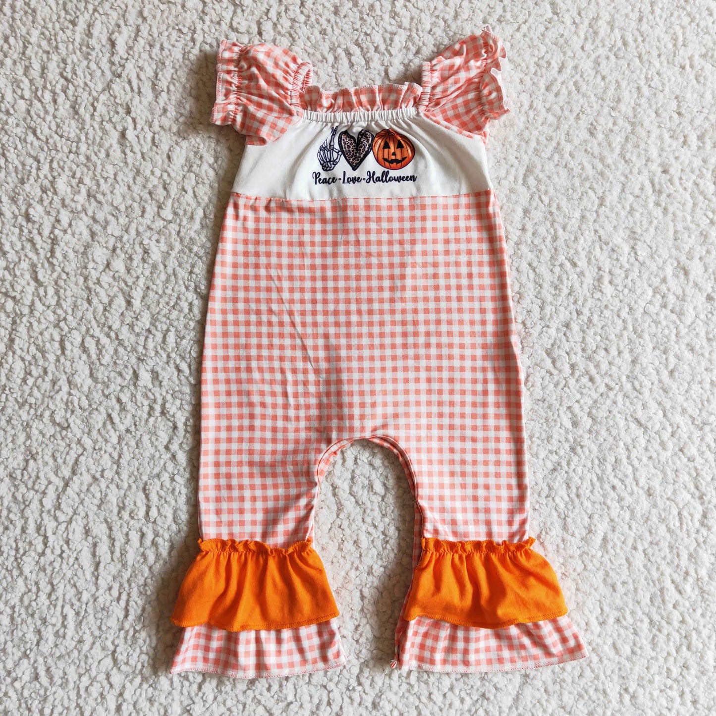 SR0092 Halloween Peace Love Pumpkin Orange Plaid Girls Short Sleeve Romper