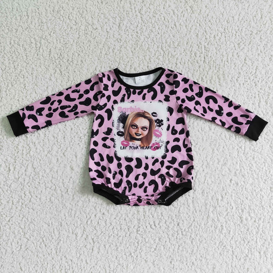 LR0142 Halloween Pink Leopard Character Clown Cartoon Girls Long Sleeve Romper