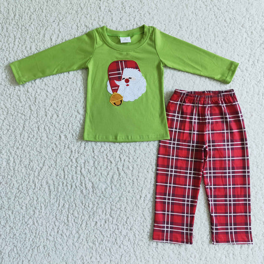 BLP0034 Christmas Santa Red Plaid Green Embroidery Boys Long Sleeve Pants Outfits