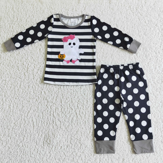 GLP0066 Halloween Black Stripes Dots Ghost Cartoon Embroidery Girls Long Sleeve Pajamas