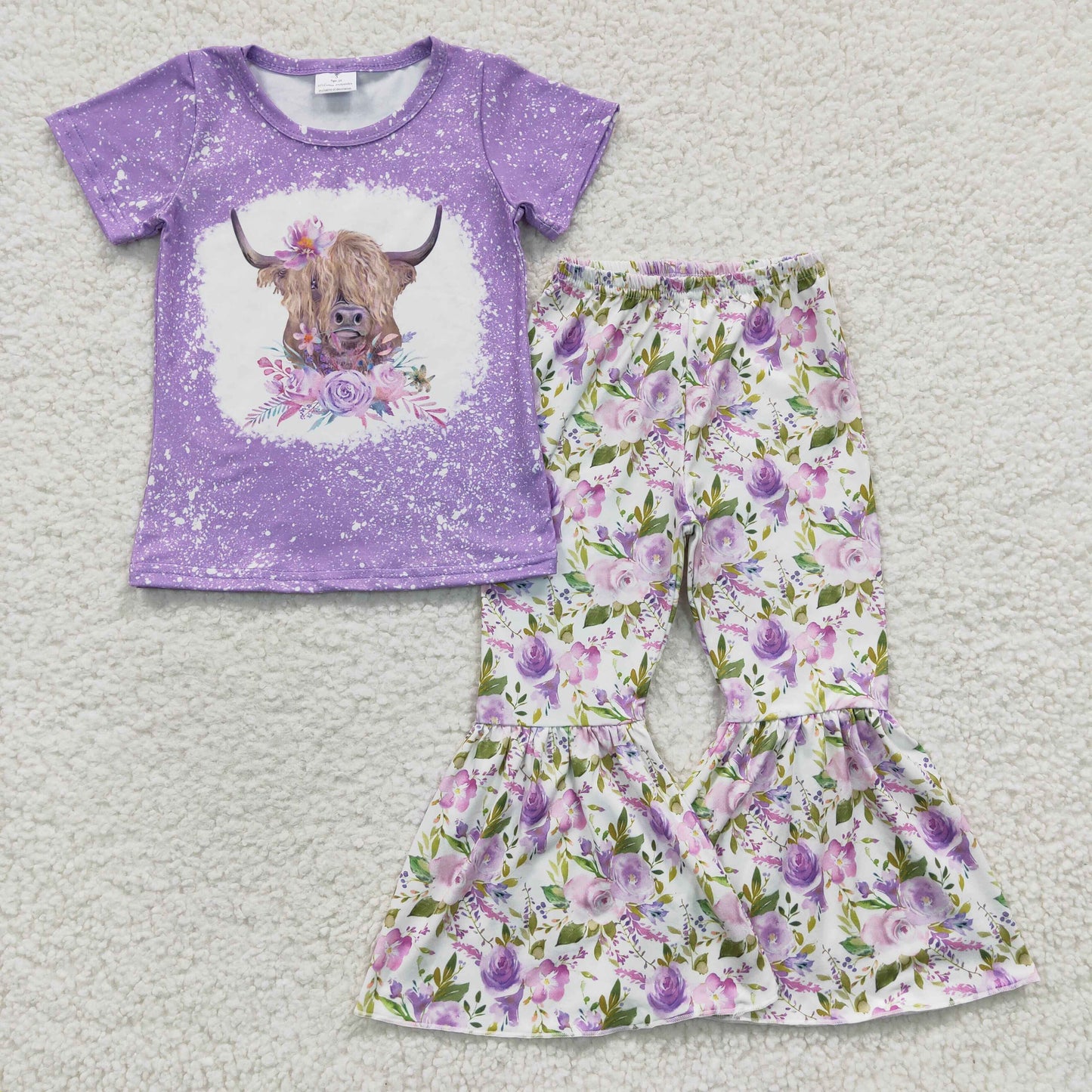 promotion RTS GSPO0264 Purple Highland Cow Floral Girls Short Sleeve Bell Bottom Pants Outfits