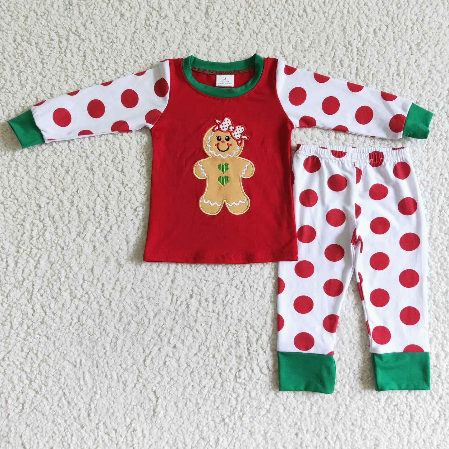 6 A12-20 Christmas Embroidery Gingerbread Red Girls Long Sleeve Pajamas