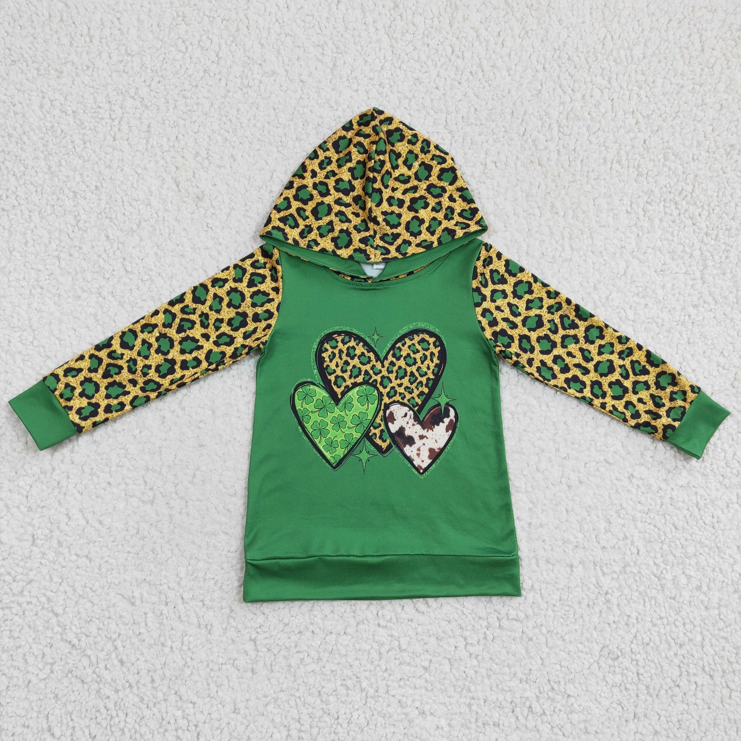 GT0074 St. Patrick Green Clover Love Leopard Girls Long Sleeve Hoodies Top