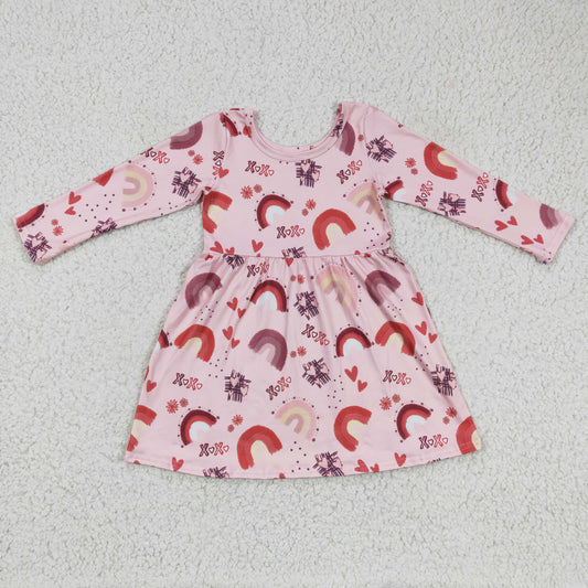 Promotion RTS GLD0178 Valentine Love Rainbow Pink Girls Long Sleeve Dresses