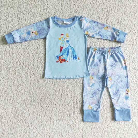 Clearance 6 A1-2 Blue Princess Cartoon Girls Long Sleeve Pajamas