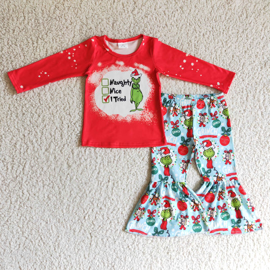 GLP0294 Christmas Blue Red Green Cartoon Santa Naughty Nice Tried Girls Long Sleeve Bell Bottom Pants Outfits