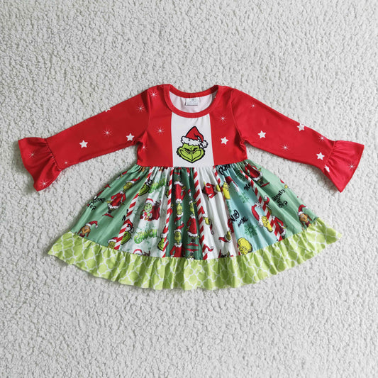 GLD0099 Christmas Red Green Cartoon Start Santa Patchwork Girls Long Sleeve Dresses