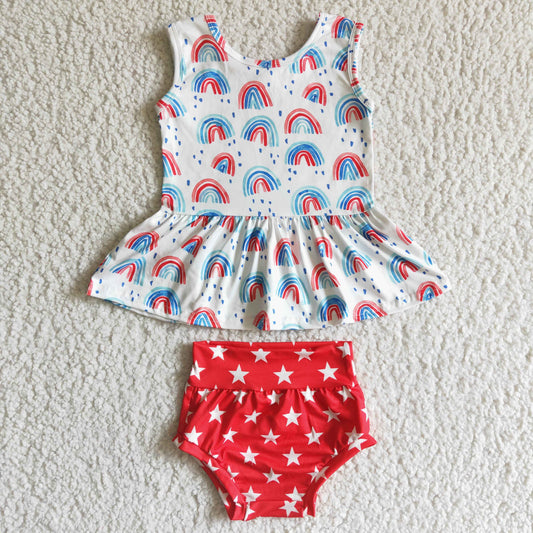 GBO0014 4th of July Rainbow Red Stars Girls Sleeveless Bummies Outfits