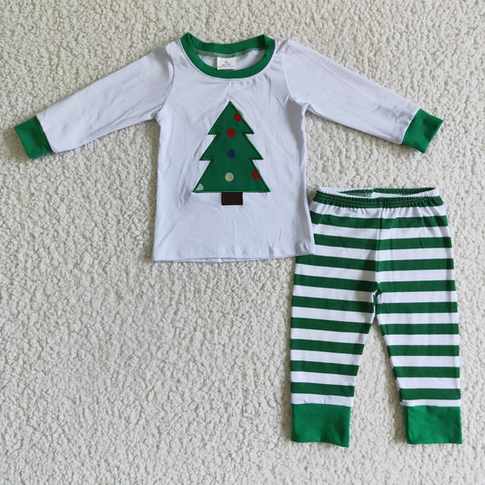 Clearance 6 A28-15 Christmas Tree Green Striped Embroidery Boys Long Sleeve Pants Outfits Pajamas