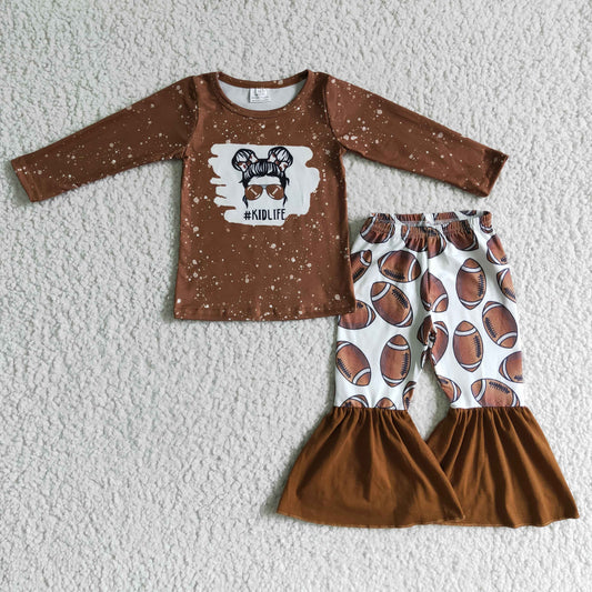 promotion RTS 6 C11-1 Kid Life Brown Bleach Design Football Team Girls Long Sleeve Bell Bottom Pants Outfits