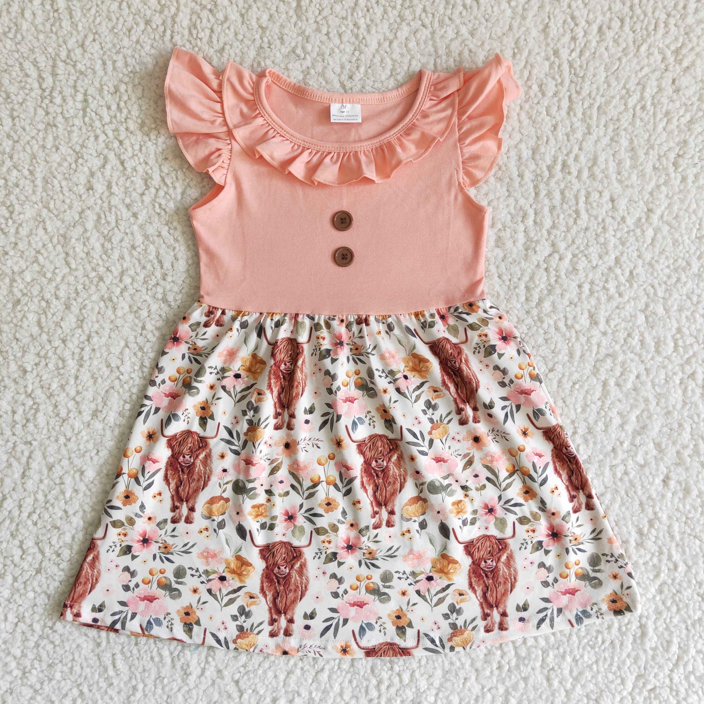 Clearance B13-30 Pink Highland Cows Heifer Floral Girls Flutter Sleeve Dresses