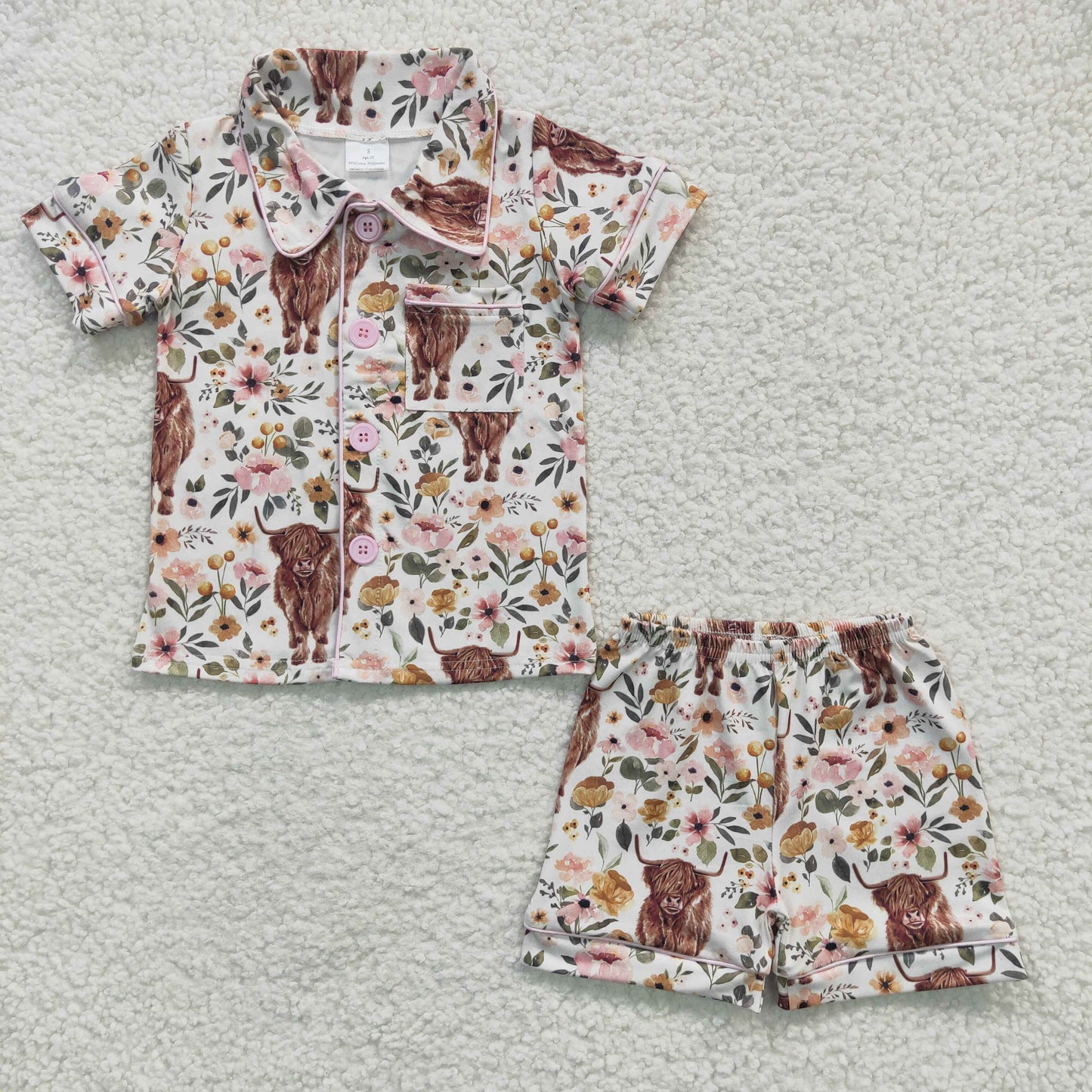 GSSO0176 Pink Highland Cow Floral Girls Short Sleeve Shorts Outfits Collar Pajamas