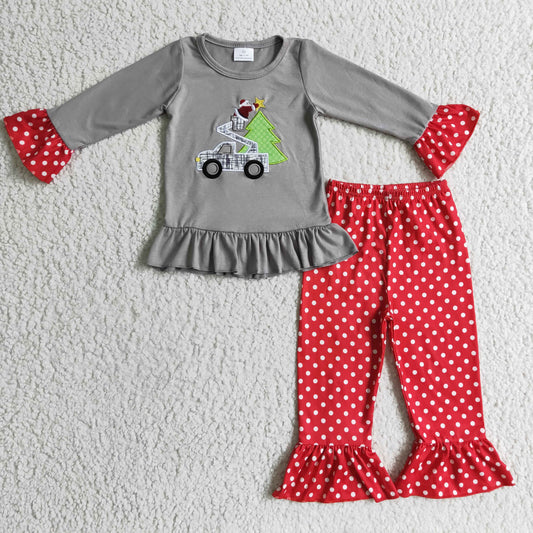 GLP0332 Christmas Santa Tree Car Grey Green Red Dots Embroidery Girls Long Sleeve Pants Outfits Pajamas