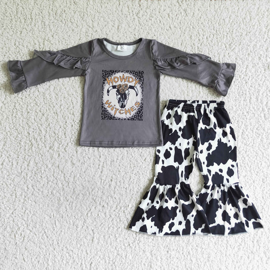 Clearance GLP0102 Grey Howdy Western Cow Print Ruffles Girls Long Sleeve Bell Bottom Pants Outfits