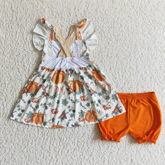 GSSO0125 Halloween Orange Pumpkin Floral Lace Pockets Ruffles Embroidery Girls Short Sleeve Shorts Outfits