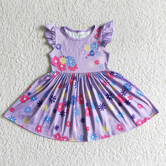 promotion GSD0003 RTS Purple Floral Princess Cartoon Girls Flutter Sleeve Dresses