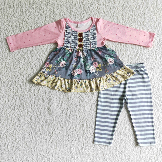 Promotion RTS 6 B0-17 Pink Grey Stripes Floral Tunic Girls Long Sleeve Pants Outfits