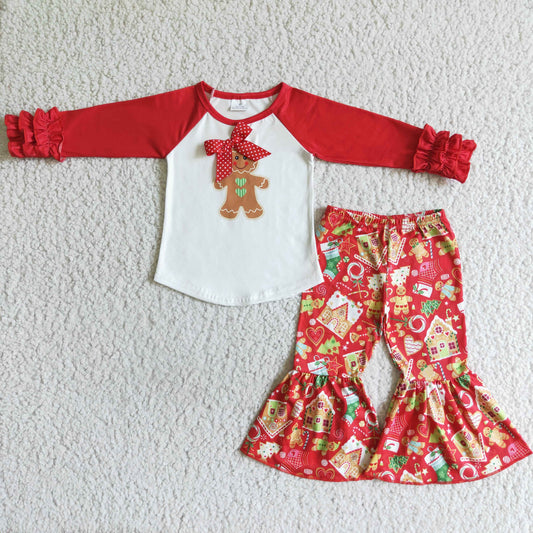 Clearance 6 B10-37 Christmas Red Gingerbread Cartoon Girls Long Sleeve Bell Bottom Pants Outfits