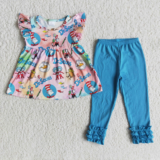E13-11 Dr Flutter Sleeve Blue Ruffles Pants Girls Outfits