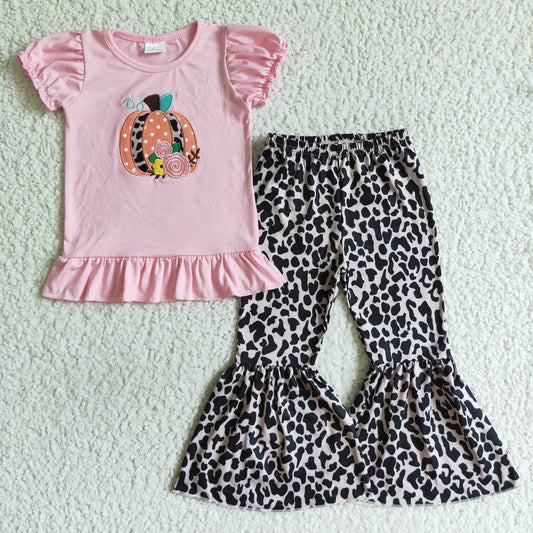 GSPO0122 Halloween Pumpkin Pink Floral Embroidery Leopard Girls Short Sleeve Bell Bottom Pants Outfits