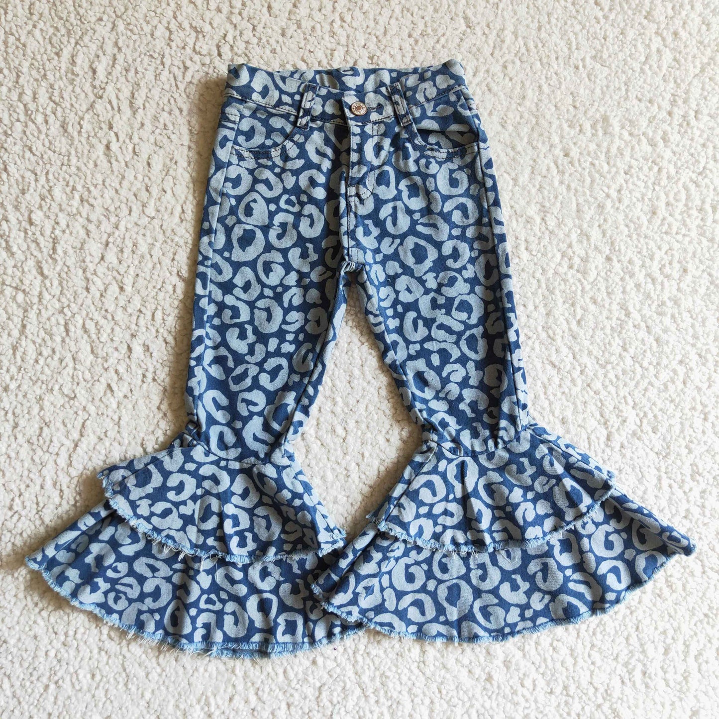 P0027 Blue Leopard Print Double Ruffles Denim Jeans