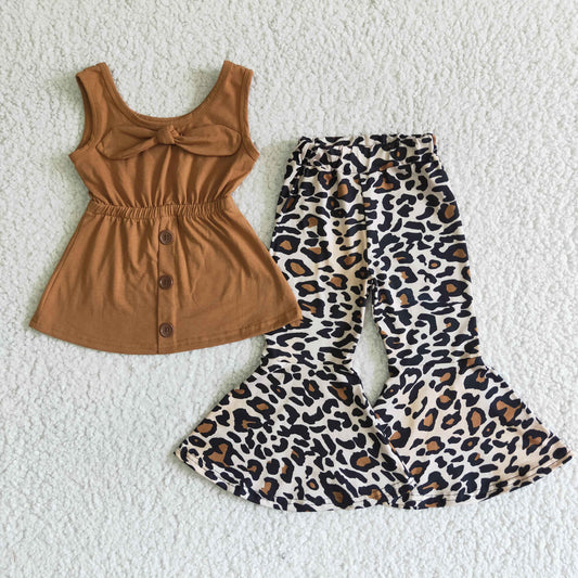 A18-3 Brown Leopard Tunic With Bow Girls Sleeveless Pants Outfits