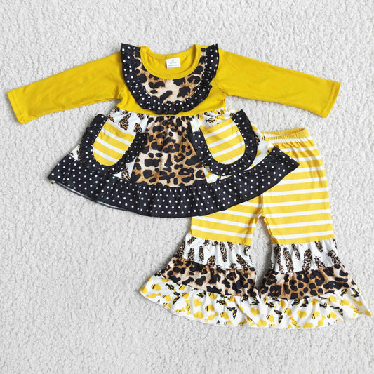 Clearance 6 B5-2 Yellow Leopard Print Pockets Kids Outfits