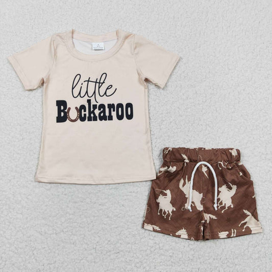 BSSO0229 Brown Little Rodeo Cowboy Boys Short Sleeve Shorts Outfits