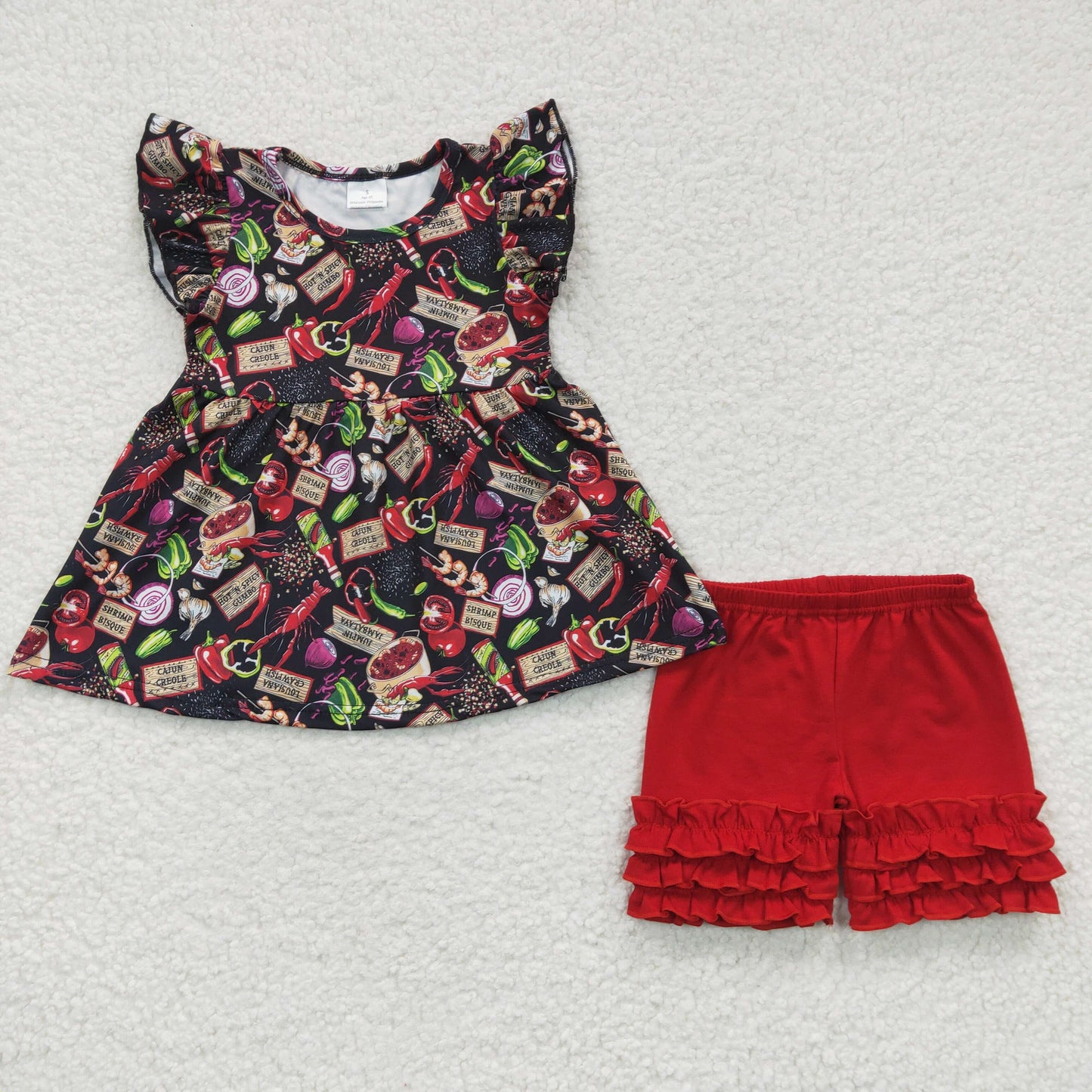GSSO0169 Red Food Crayfish Girls Short Sleeve Shorts Outfits