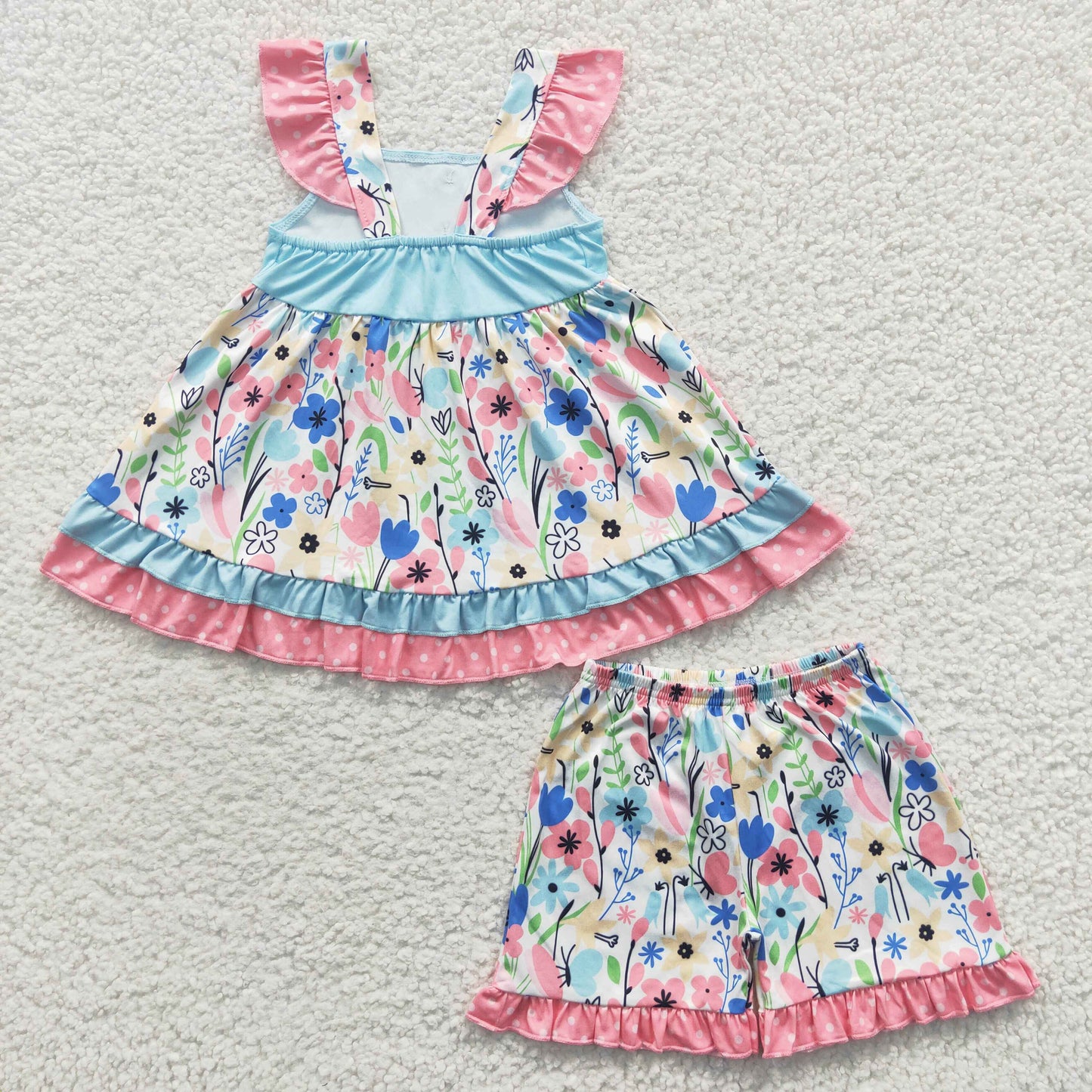 GSSO0243 Pink Blue Floral Girls Short Sleeve Shorts Outfits