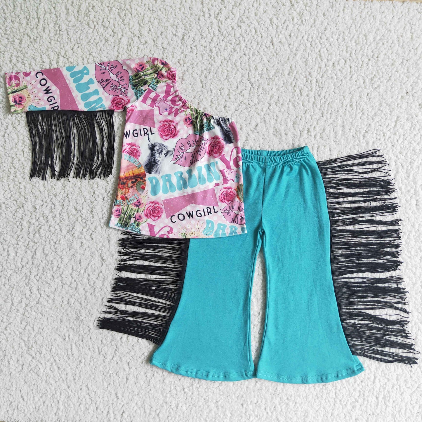 GSPO0141 Blue Pink Cowgirl Western Single Sleeve Tassel Girls Short Sleeve Bell Bottom Pants Outfits