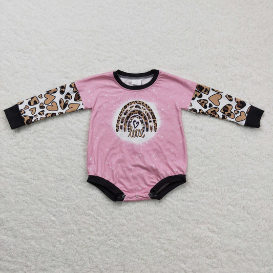 LR0220 Love Rainbow Black Pink Bleach Leopard Girls Long Sleeve Romper