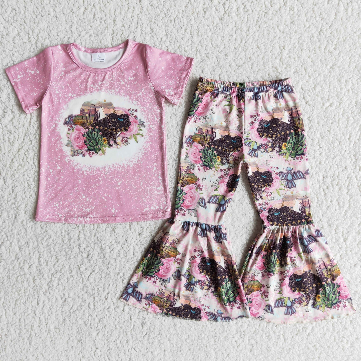 promotion RTS E12-15 Western Pink Highland Cows Heifer Cactus Girls Short Sleeve Bell Bottom Pants Outfits