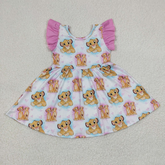 promotion GSD0220 Yellow Pink Lion Cartoon Girls Short Sleeve Dresses