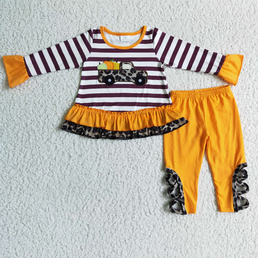 GLP0005 Halloween Pumpkin Orange Car Embroidery Tunic Girls Long Sleeve Pants Outfits